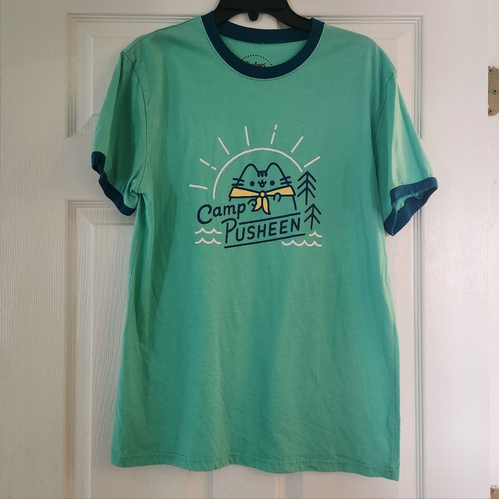 Camp Pusheen Teal + Blue Ringer Crew T shirt